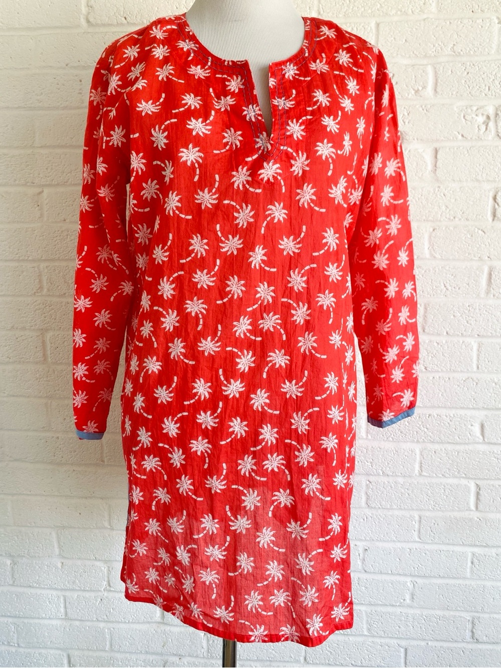 Kikisol Palm-Print Tunic Top Blue Trim Small Cotton Cover Up Summer Resort